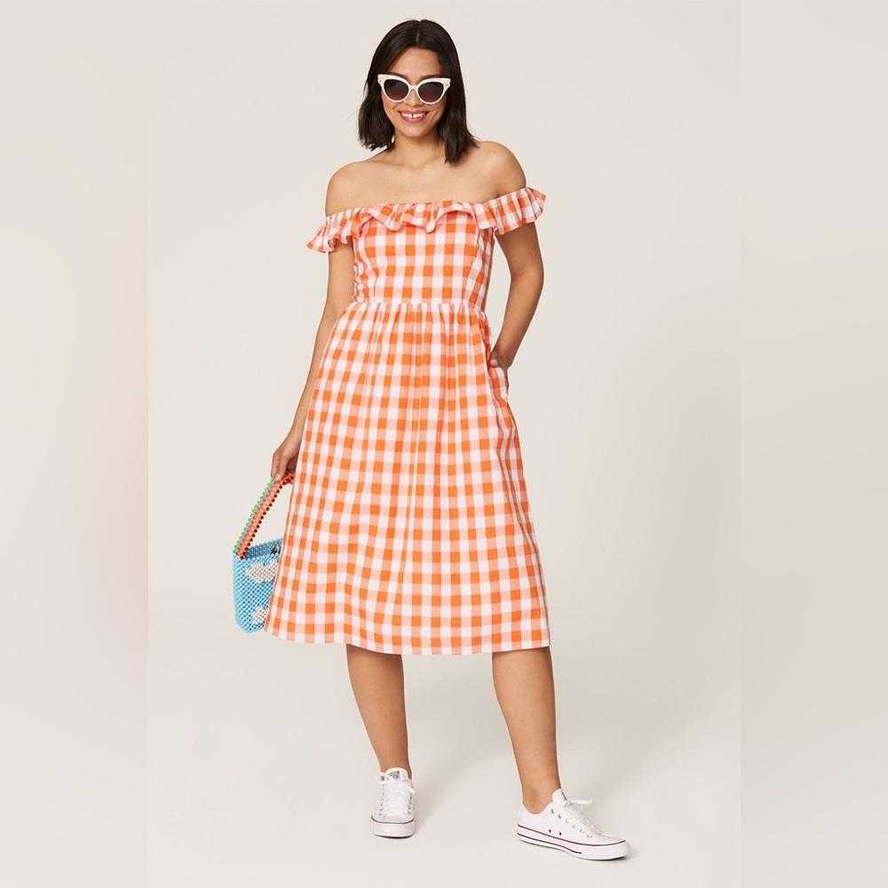 Color Me Courtney Bobbie Dress Orange Gingham Off Shoulder Midi Dress size 2
